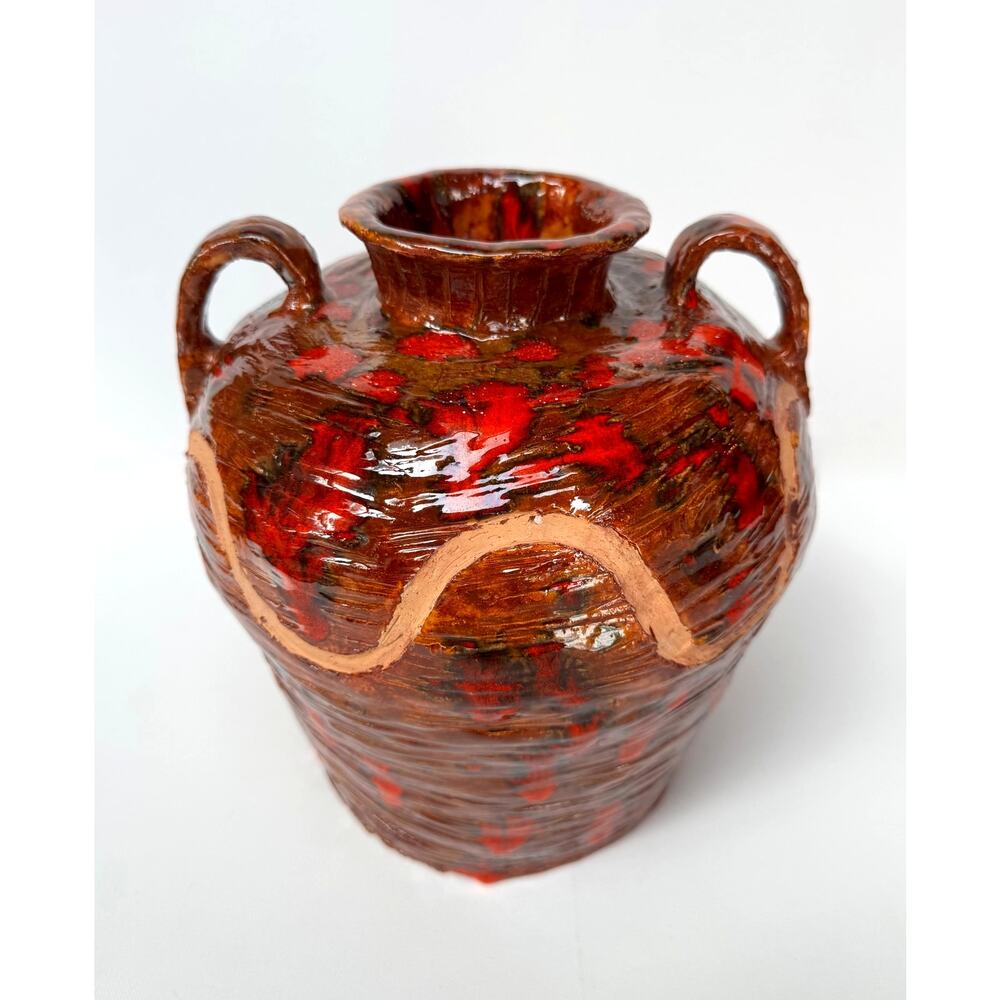 Vintage Studio Pottery Amphora Vase, Red Lava Glaze, Signed SL